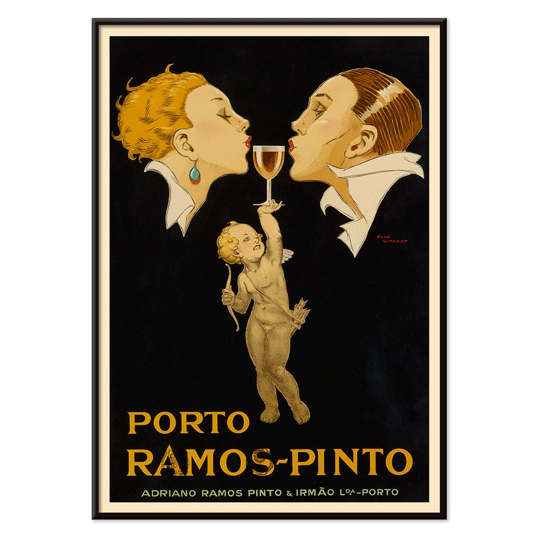 Porto Ramos-Pinto poster by Rene Vincent with two people about to kiss and a cherub holding a wine glass, with black aluminium frame on white background