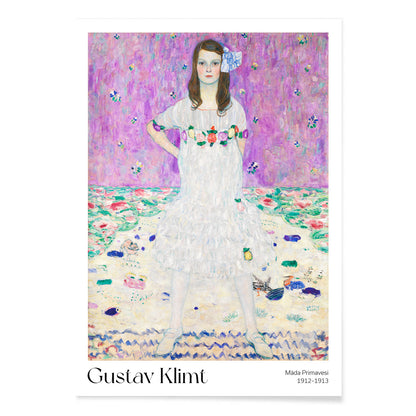 Mada Primavesi by Gustav Klimt poster featuring a young girl in a white dress with a colorful floral background, with black aluminium frame on white background