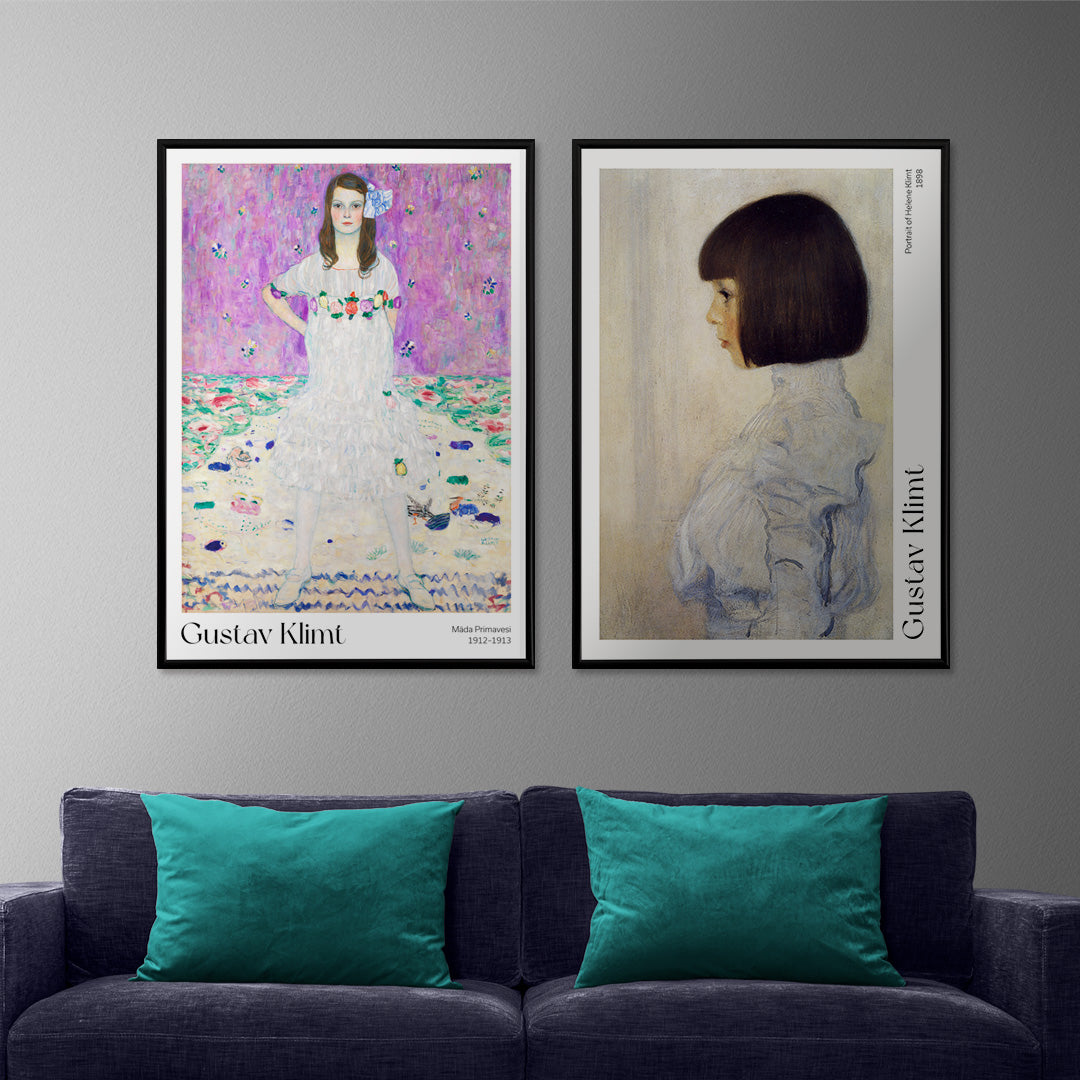Mada Primavesi by Gustav Klimt poster featuring a young girl in a white dress with a colorful floral background, framed and displayed in home decor