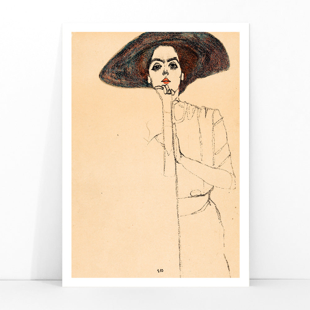 Frauenbildnis II by Egon Schiele poster featuring a woman in a large hat expressive minimalistic line drawing on beige background, framed and displayed in modern living room decor