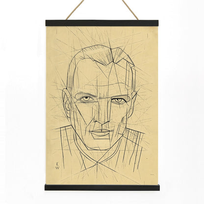 Line drawing and poster of a mans face by Karl Wiener titled Porträt featuring geometric angular portrait details, with wooden magnetic frame on white background