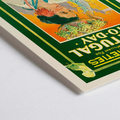 Closeup detail of Colorful vintage poster of Portugal Today featuring a woman in traditional attire carrying grapes and fruit on her head with vibrant backdrop by William Fox and Anonymous