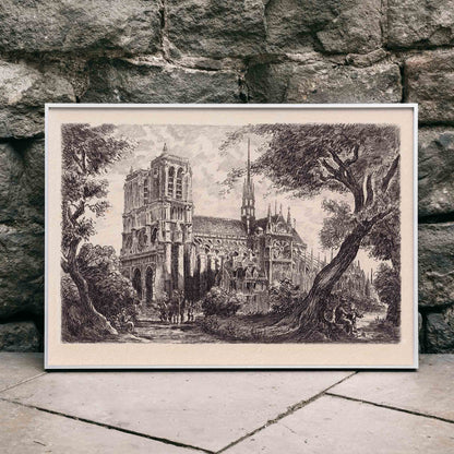 Artistic poster of Notre Dame de Paris cathedral surrounded by trees and people in a scenic landscape, framed and displayed in home decor