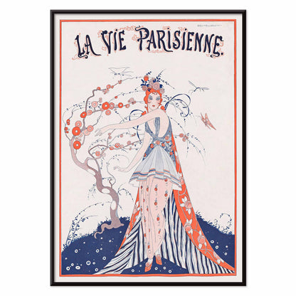 Elegant Art Deco poster of a woman in a floral dress standing by a blossoming tree La Vie Parisienne by Umberto Brunelleschi, with black aluminium frame on white background