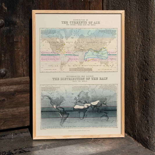 Global air currents and variable winds artwork by James Reynolds showing world wind patterns and rainfall distribution poster, framed and displayed in home decor