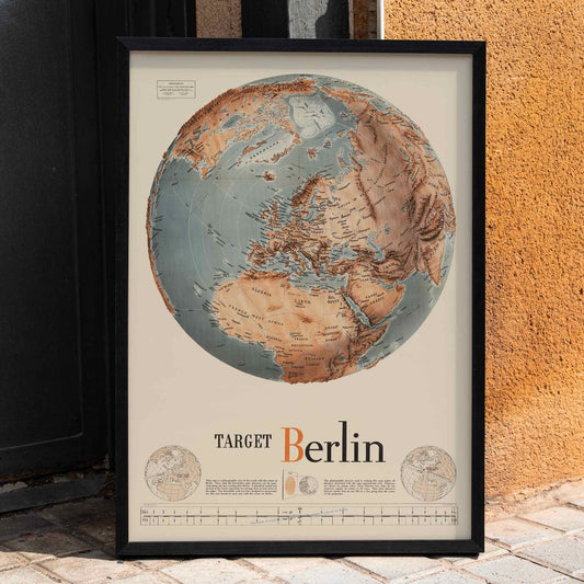Vintage map illustration and poster of a globe centered on Europe and Africa with Target Berlin artwork Army Orientation Course by Manning FE, framed and displayed in home decor