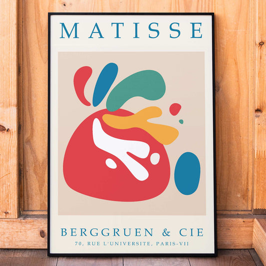 Colorful abstract art poster inspired by Matisse titled Papiers decoupes 4 with vibrant shapes displayed at Berggruen and Cie gallery Rue L Universite Paris, framed and displayed in home decor