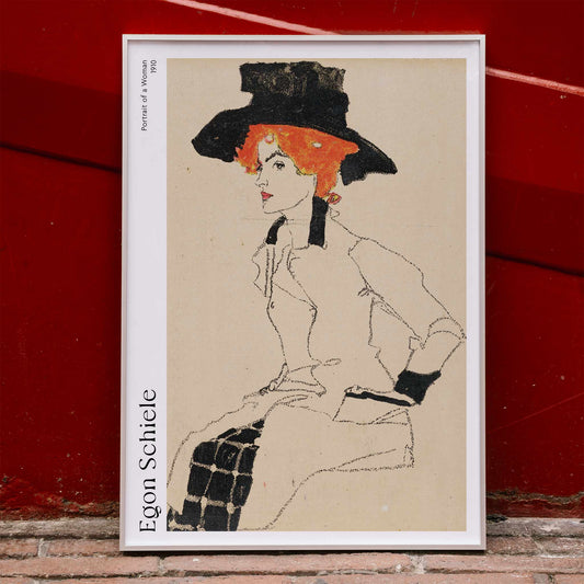 Portrait Of A Woman by Egon Schiele featuring an elegant woman with red or orange hair and a black hat poster, framed and displayed in home decor