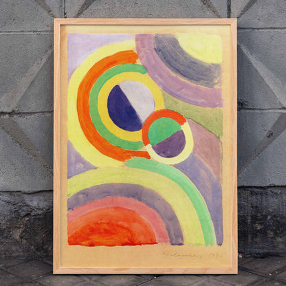 Abstract colorful circular forms and geometric shapes painting by Robert Delaunay titled Composition poster for wall decor, framed and displayed in home decor