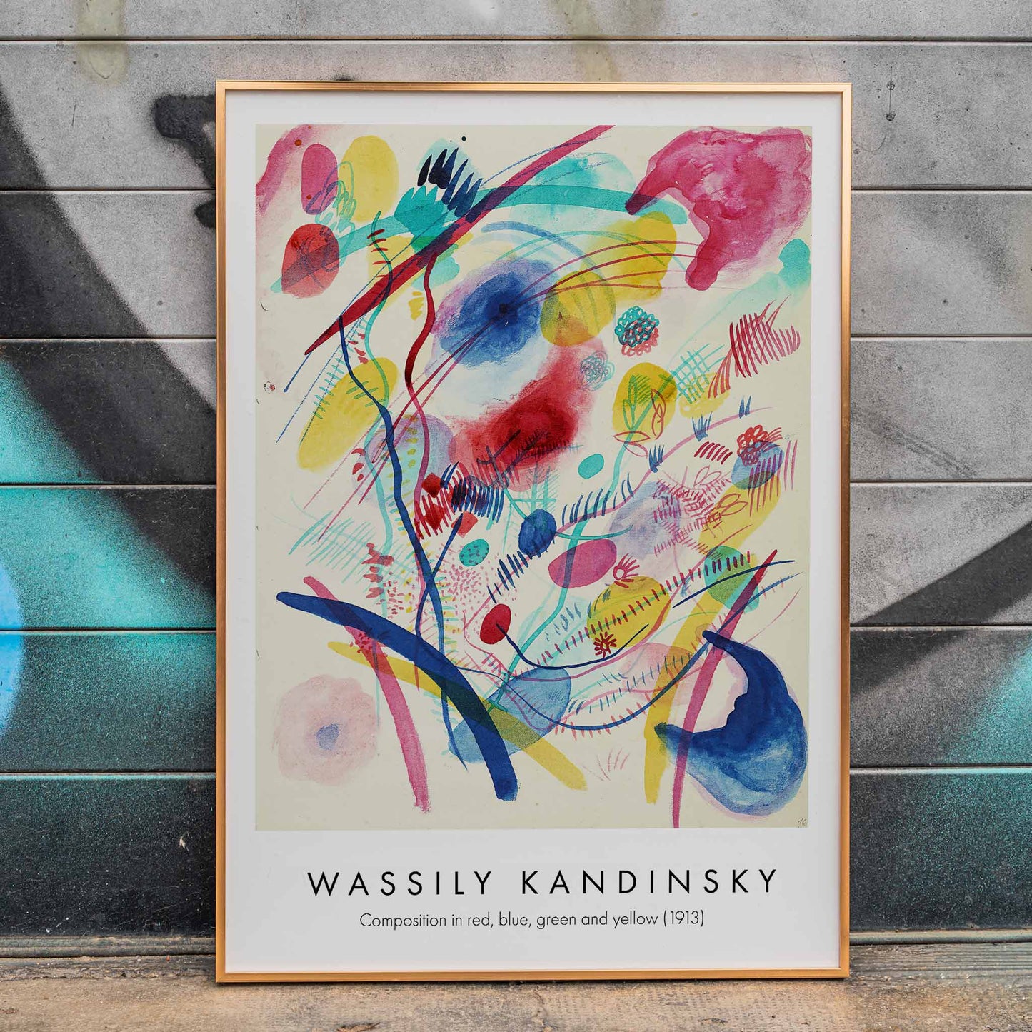 Abstract colorful painting and poster of abstract art with dynamic shapes and vivid red blue green and yellow brushstrokes by Wassily Kandinsky Composition in red blue green and yellow, framed and displayed in home decor