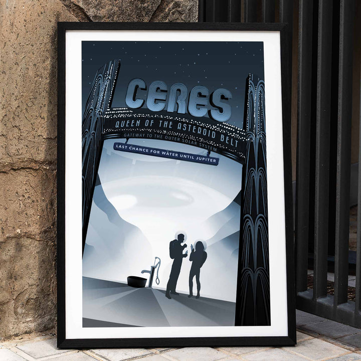 Space travel art illustration of Ceres Queen of the Asteroid Belt by NASA featuring two people at a water pump under a starry sky, framed and displayed in home decor