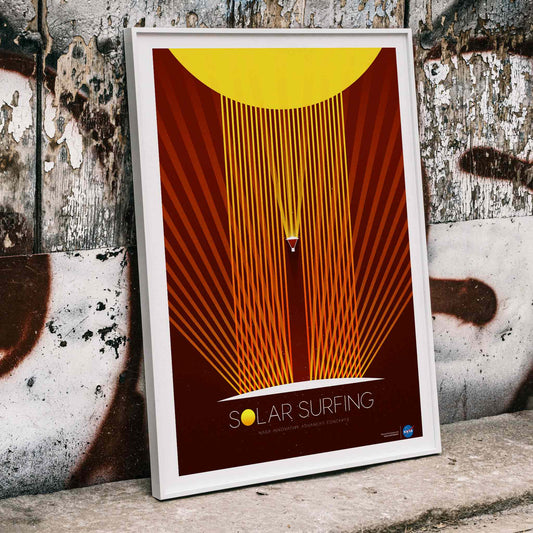 Solar Surfing by NASA poster featuring a stylized spacecraft surfing solar flares from a bright yellow sun with orange rays and geometric design, framed and displayed in home decor
