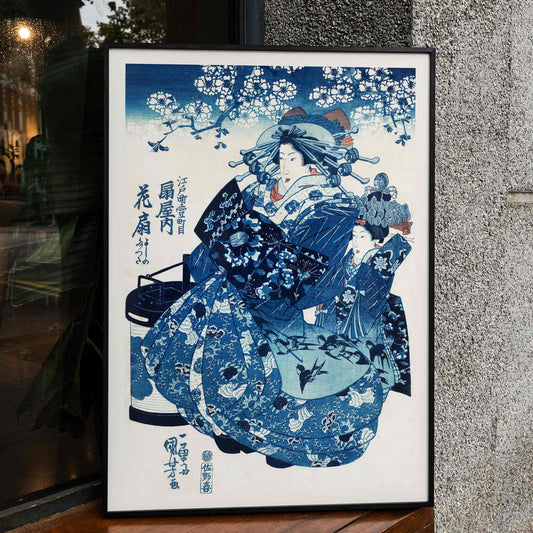 Japanese women in traditional kimono with floral patterns and blossom trees ukiyo-e style artwork by Utagawa Kuniyoshi, framed and displayed in home decor