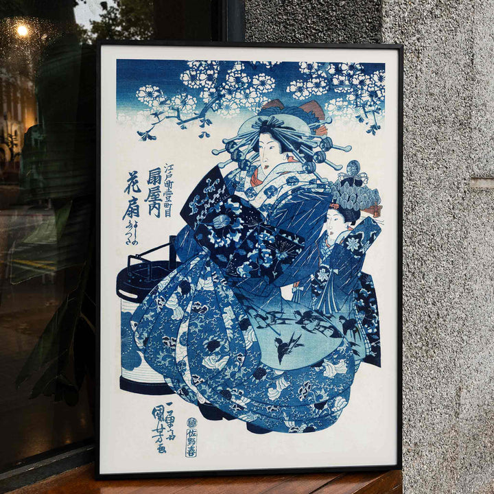 Japanese women in traditional kimono with floral patterns and blossom trees ukiyo-e style artwork by Utagawa Kuniyoshi, framed and displayed in home decor