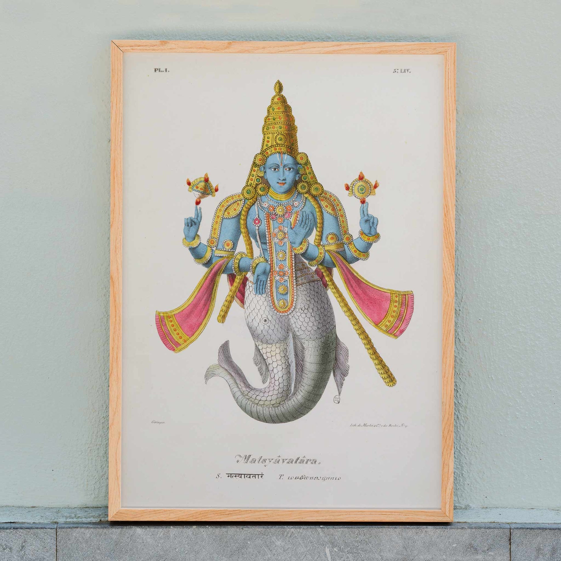Matsyavatara by Jean-Jacques Chabrelie colorful poster of a deity with fish tail and ornate attire, framed and displayed in home decor