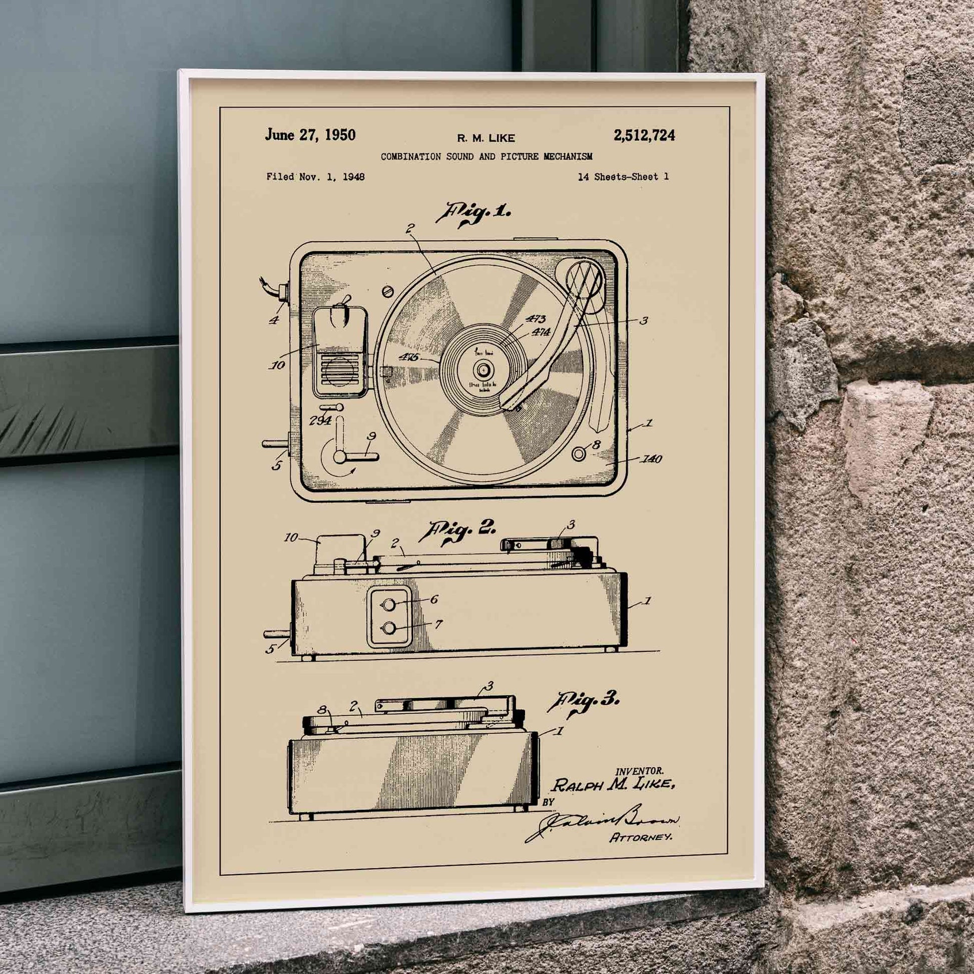 Vintage turntable patent illustration and technical drawing poster by R M Like ideal music lover decor, framed and displayed in home decor