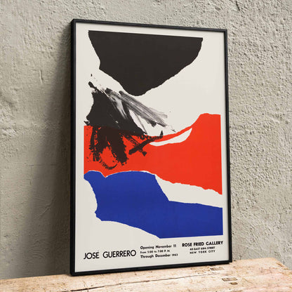 Abstract painting and poster featuring bold black red and blue brushstrokes and shapes by Jose Guerrero at Rose Fried Gallery New York, framed and displayed in home decor