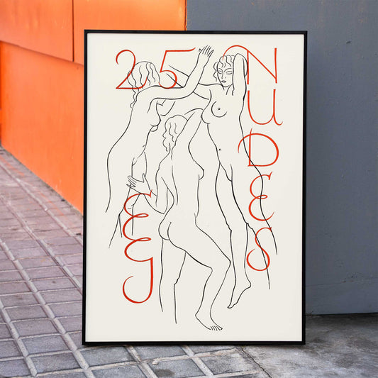 Eric Gill poster titled Twenty-five Nudes featuring three abstract nude figures with red text, framed and displayed in home decor