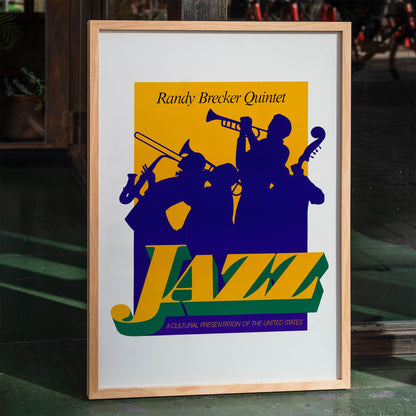 Randy Brecker Quintet jazz poster artwork by US Information Agency featuring silhouetted musicians playing instruments and showcasing cultural art, framed and displayed in home decor