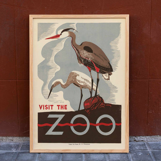 Visit the zoo poster by Federal Art Project WPA Pennsylvania showing two herons standing on a rock with text by the artist, framed and displayed in home decor