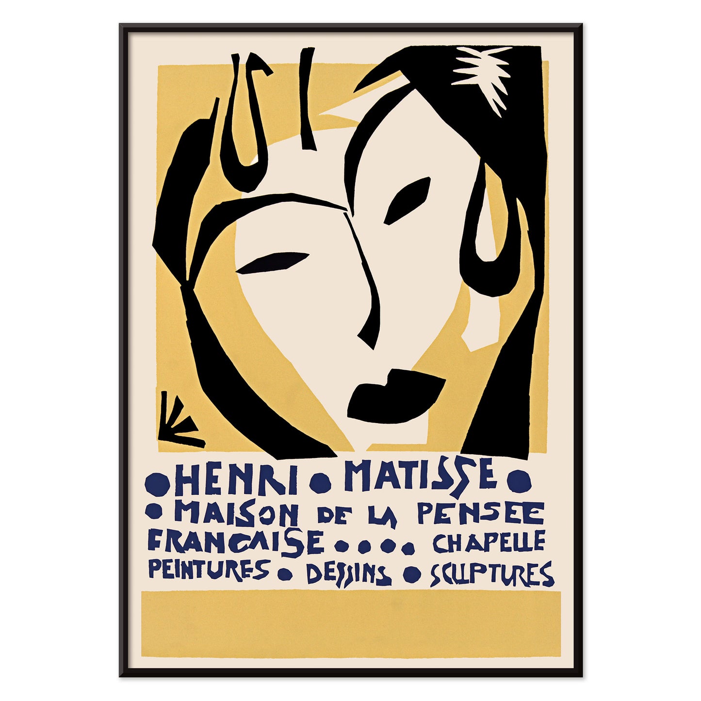 Henri Matisse Maison de la Pensee francaise poster with bold black abstract face shapes on warm yellow and cream minimalist design, with black aluminium frame on white background