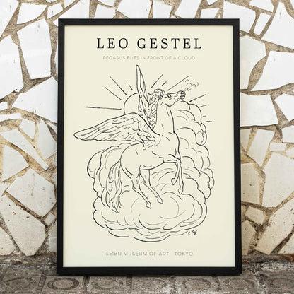 Pegasus flying in front of clouds line drawing illustration by Leo Gestel poster, framed and displayed in home decor