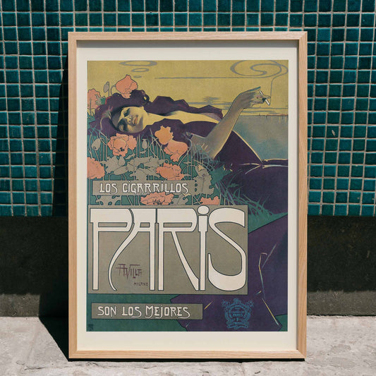 Reclining woman in a field with flowers smoking and advertising Cigarrillos Paris vintage poster artwork by Aleardo Villa, framed and displayed in home decor