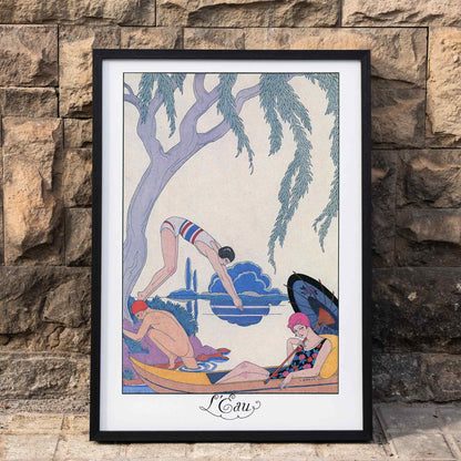 Art deco poster L Eau by George Barbier with three people in swimwear relaxing and boating by a riverside, framed and displayed in home decor