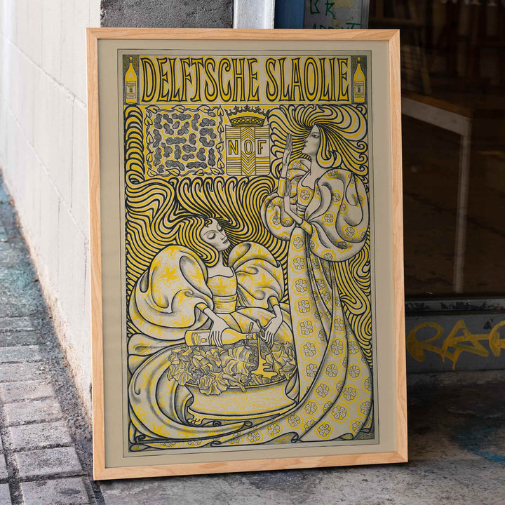 Poster of two women in flowing dresses with decorative swirling patterns and a salad oil bottle Delft Salad Oil by Jan Toorop, framed and displayed in home decor
