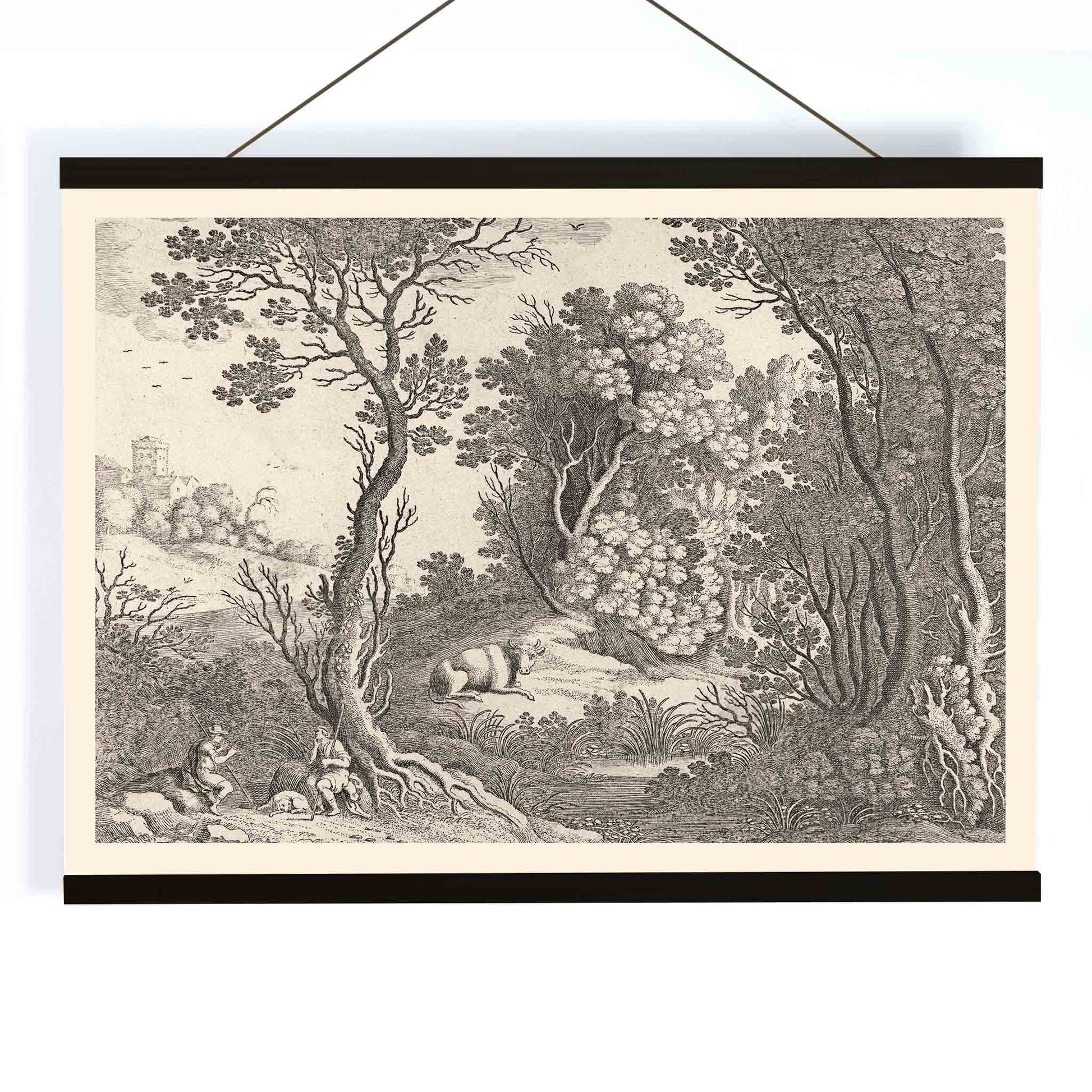 Mercury playing the flute in a detailed forest landscape with trees animals and natural scenery by Willem van Nieulandt poster, with wooden magnetic frame on white background