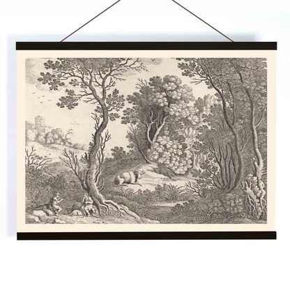 Mercury playing the flute in a detailed forest landscape with trees animals and natural scenery by Willem van Nieulandt poster, with wooden magnetic frame on white background