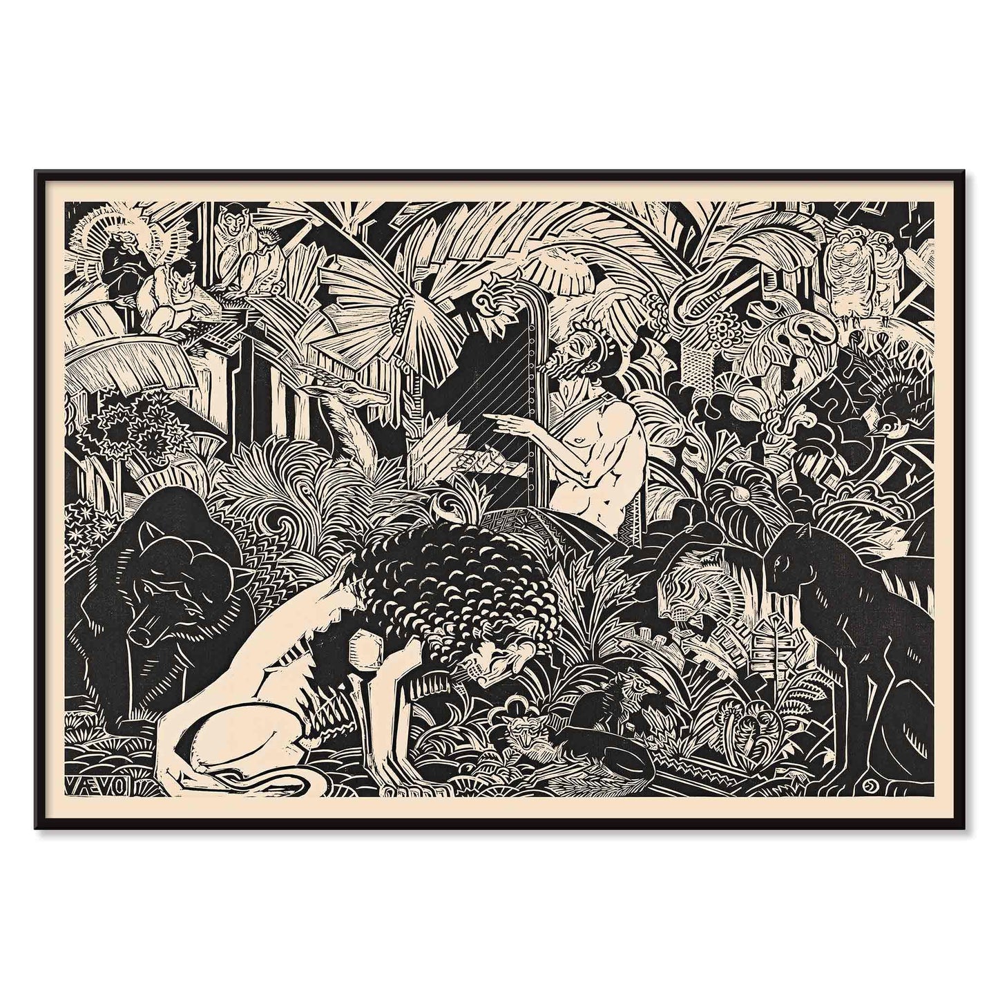 Orpheus playing harp surrounded by animals in lush jungle artwork by Henri van der Stok poster, with black aluminium frame on white background