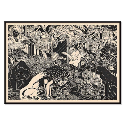Orpheus playing harp surrounded by animals in lush jungle artwork by Henri van der Stok poster, with black aluminium frame on white background