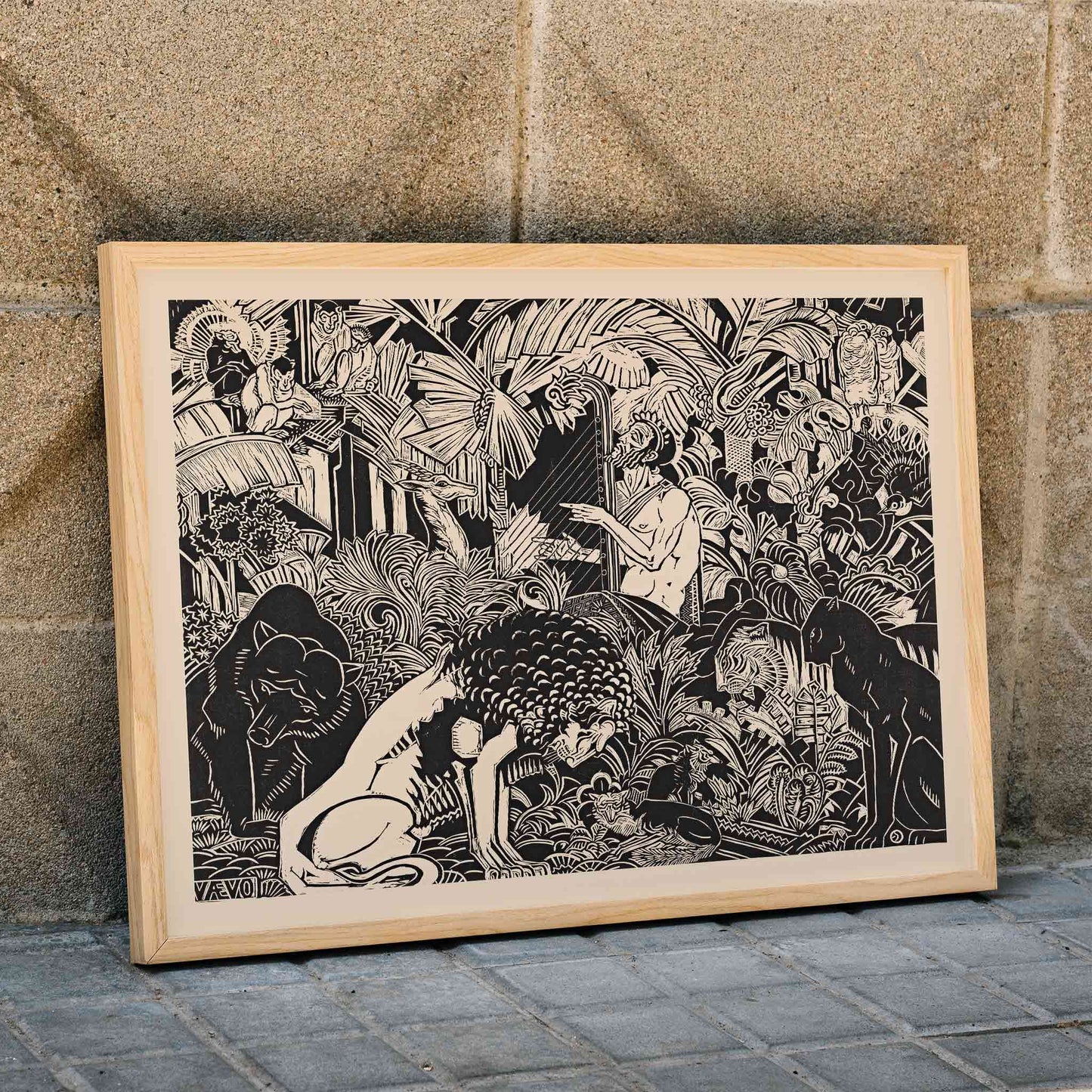 Orpheus playing harp surrounded by animals in lush jungle artwork by Henri van der Stok poster, framed and displayed in home decor
