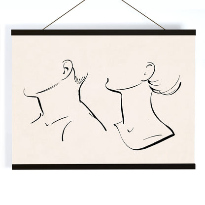 Minimalist ink drawing and line art poster of man and woman necks by Hans Borrebach, with wooden magnetic frame on white background