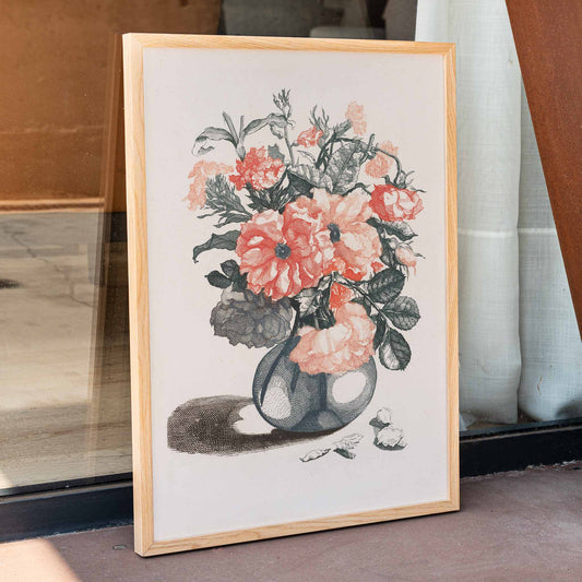 Glass vase with pink flowers and scattered petals still life poster inspired by Jean Baptiste Monnoyer, framed and displayed in home decor