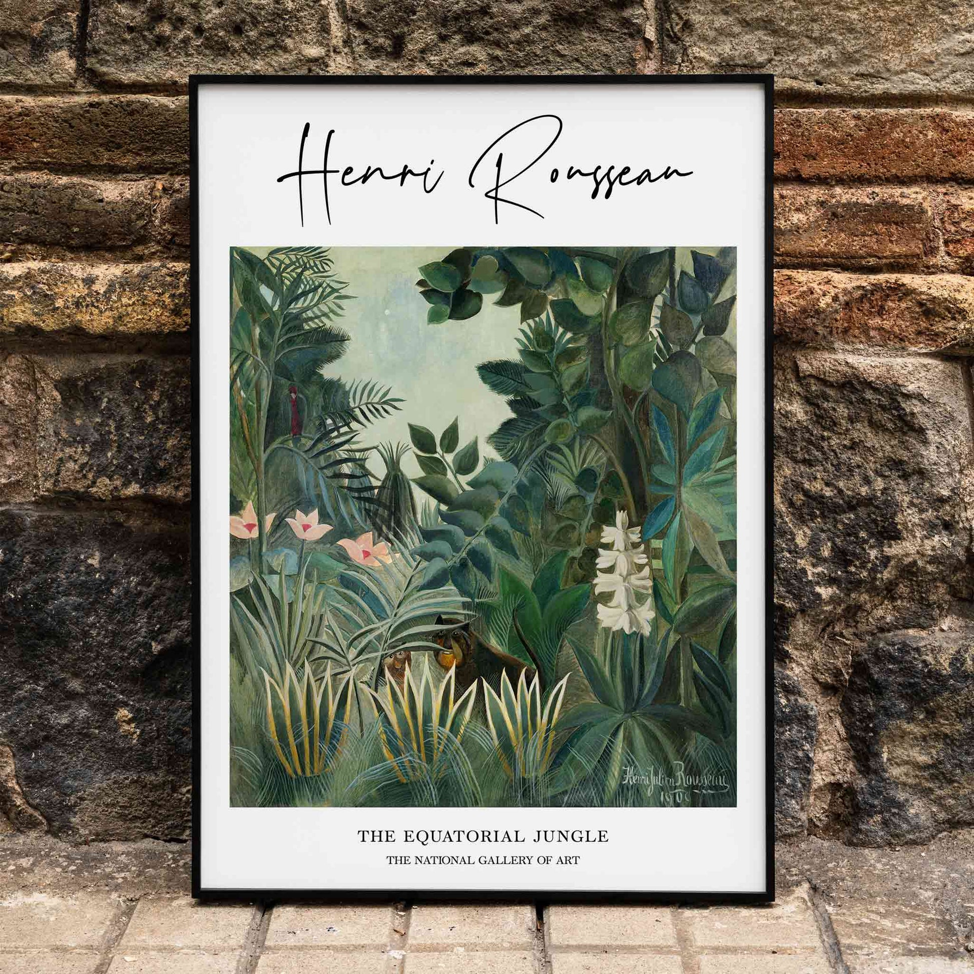 Lush green rainforest with exotic plants flowers and hidden animals inspired by The Equatorial Jungle painting by Henri Rousseau, framed and displayed in home decor