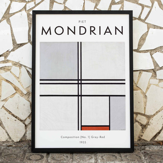 Geometric abstract artwork poster with black lines and color blocks by Piet Mondrian Composition No 1 Gray-Red, framed and displayed in home decor