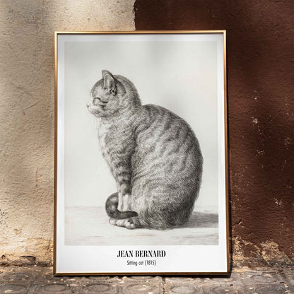 Detailed drawing of a sitting cat by Jean Bernard titled Sitting cat poster for home or office decor, framed and displayed in home decor