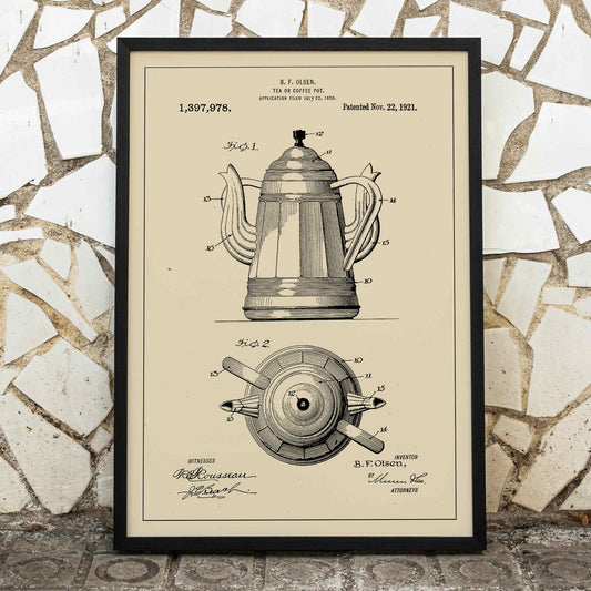Patent illustration and technical drawing poster of tea or coffee pot by B F Olsen with detailed views and patent information, framed and displayed in home decor