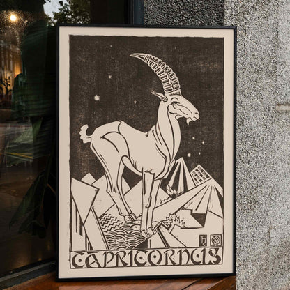 Capricorn zodiac sign illustration and poster featuring a stylized goat under stars in an abstract landscape artwork titled Capricornus by Henri van der Stok, framed and displayed in home decor