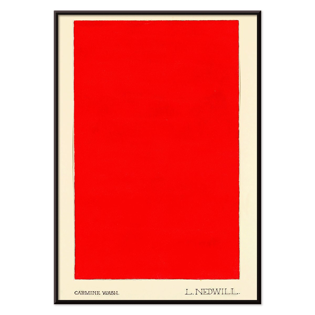 Bold red abstract rectangle painting and poster on cream background Carmine Wash by Elizabeth A Nedwill wall art, with black aluminium frame on white background