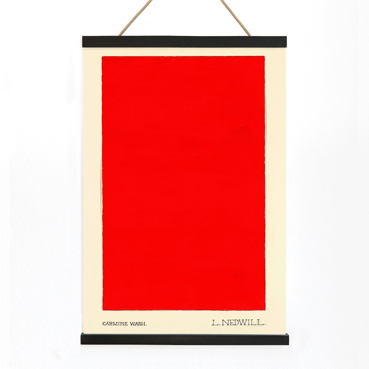 Bold red abstract rectangle painting and poster on cream background Carmine Wash by Elizabeth A Nedwill wall art, with wooden magnetic frame on white background