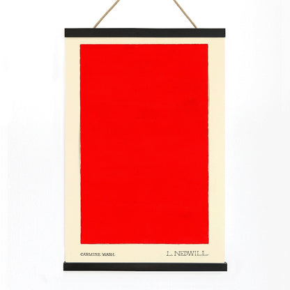 Bold red abstract rectangle painting and poster on cream background Carmine Wash by Elizabeth A Nedwill wall art, with wooden magnetic frame on white background