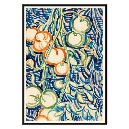 Drooping branch with red and green tomatoes by Christian Rohlfs vibrant abstract artwork poster, with black aluminium frame on white background