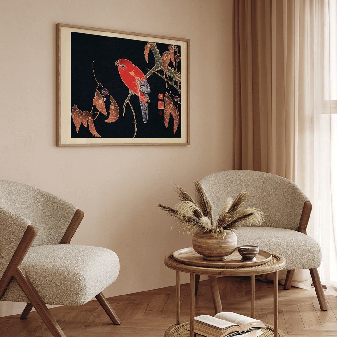 Vibrant red parrot perched on a tree branch artwork by Ito Jakuchu showcasing intricate details and colors poster, framed and displayed in home decor