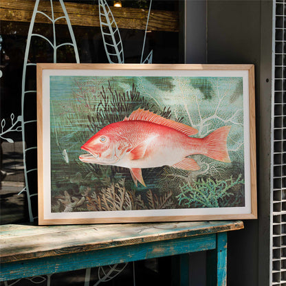 Northern Red Snapper illustration by Samuel Kilbourne swimming among coral reef plants marine wall decor chromolithograph artwork, framed and displayed in home decor