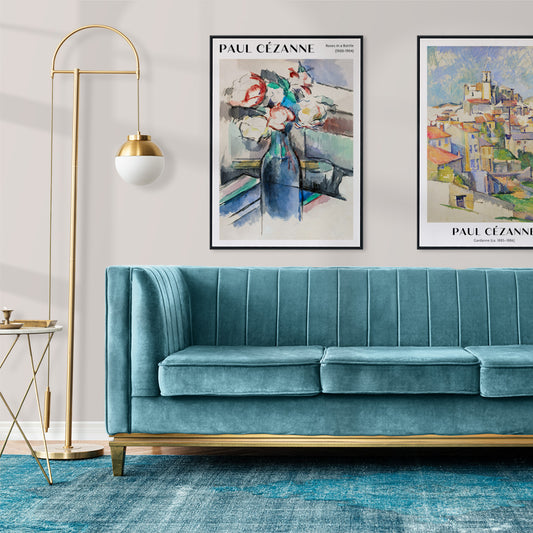 Still life painting of roses in a blue bottle by Paul Cezanne titled Roses in a Bottle watercolor art poster for art lovers, framed and displayed in home decor