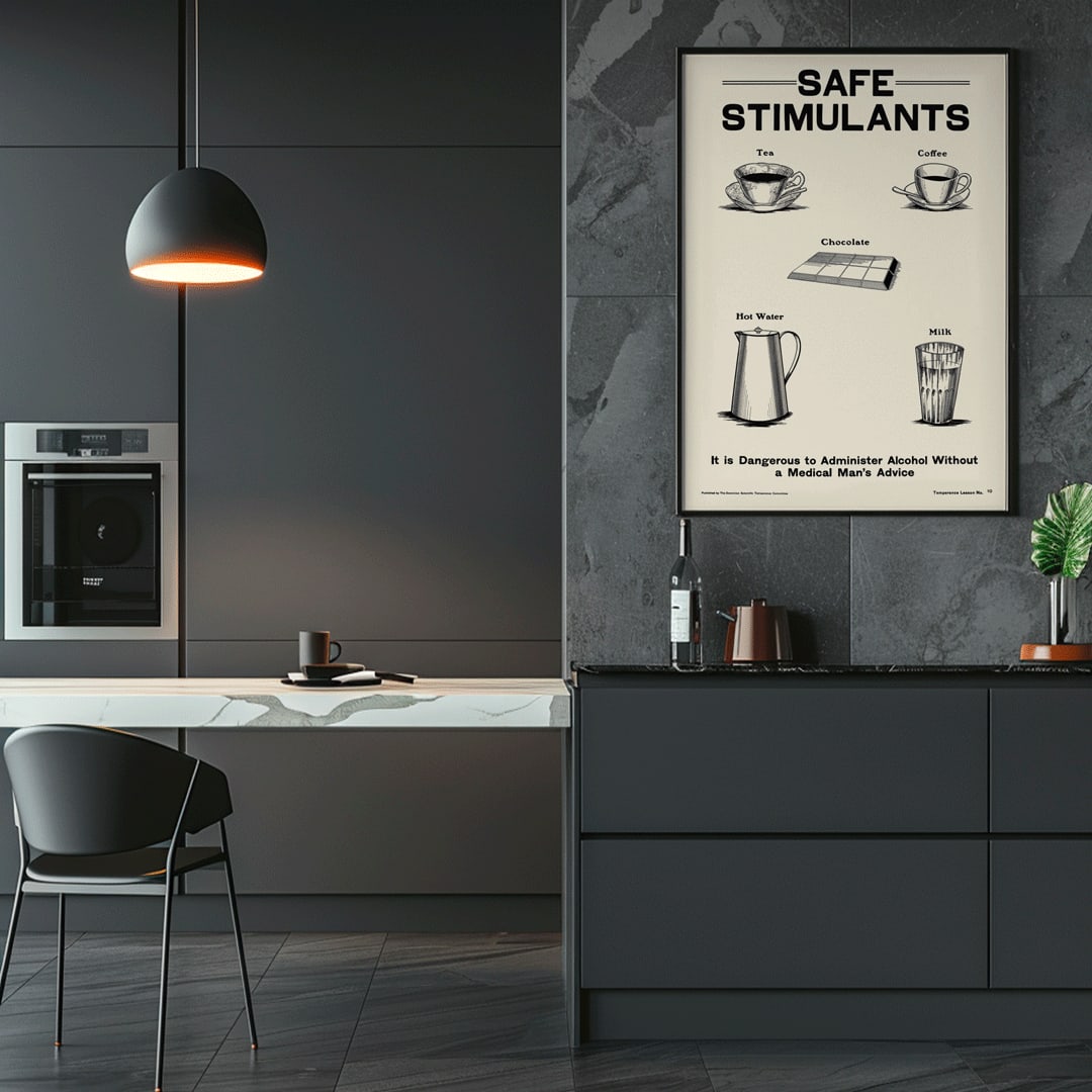 Dominion Scientific Temperance Committee illustration and poster promoting prohibition and safe alternatives to alcohol such as tea coffee chocolate hot water and milk, framed and displayed in home decor