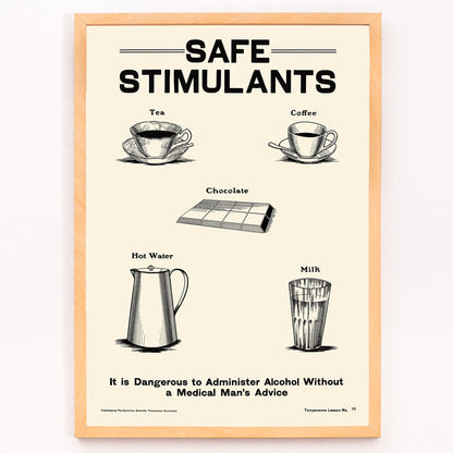 Dominion Scientific Temperance Committee illustration and poster promoting prohibition and safe alternatives to alcohol such as tea coffee chocolate hot water and milk, framed and displayed in modern living room decor